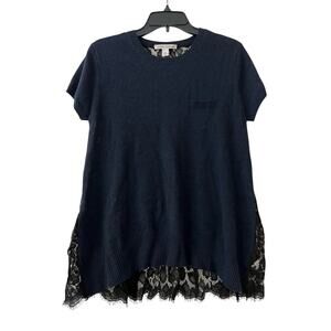 Autumn Cashmere Navy Black Short Sleeve Lace Back Sweater Sz L